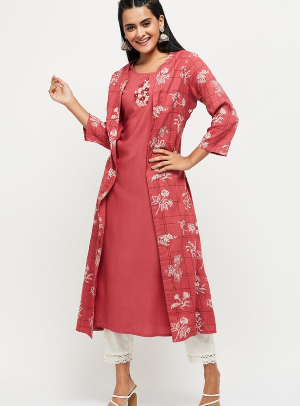 Women Embroidered A-line Kurta with Printed Jacket