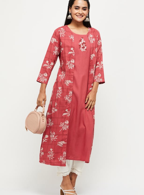 Women Embroidered A-line Kurta with Printed Jacket