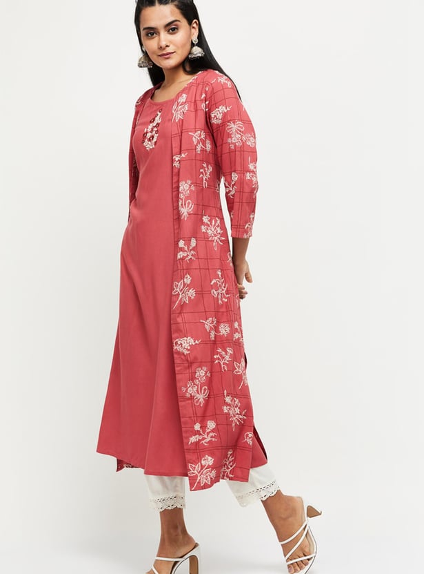 Women Embroidered A-line Kurta with Printed Jacket