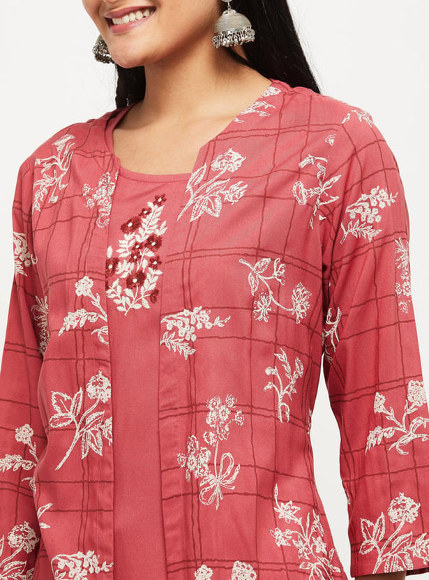 Women Embroidered A-line Kurta with Printed Jacket