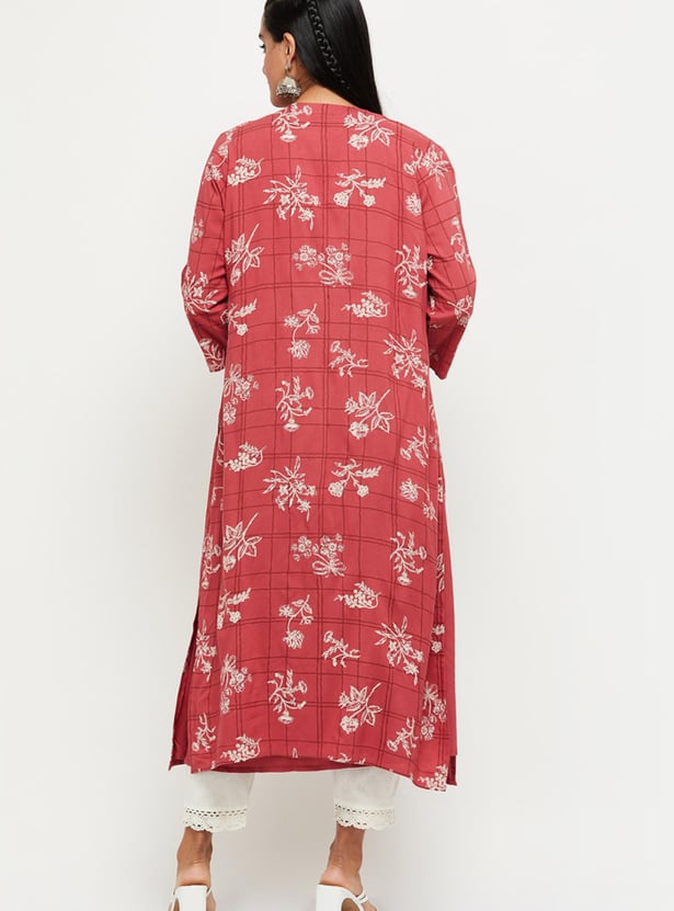 Women Embroidered A-line Kurta with Printed Jacket