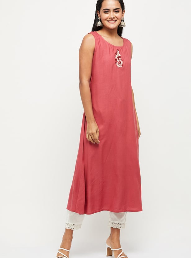 Women Embroidered A-line Kurta with Printed Jacket