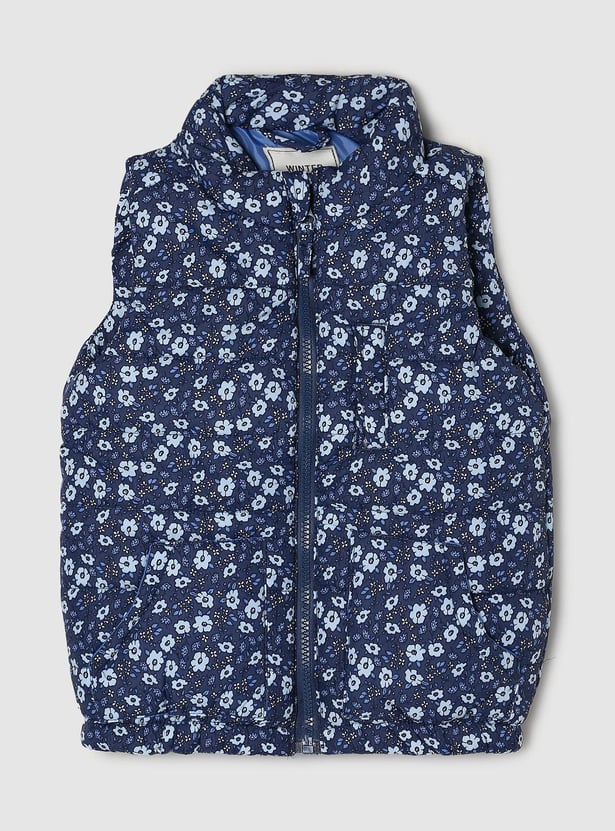 Girls Floral Printed Zip Closure Sleeveless Bomber Jacket