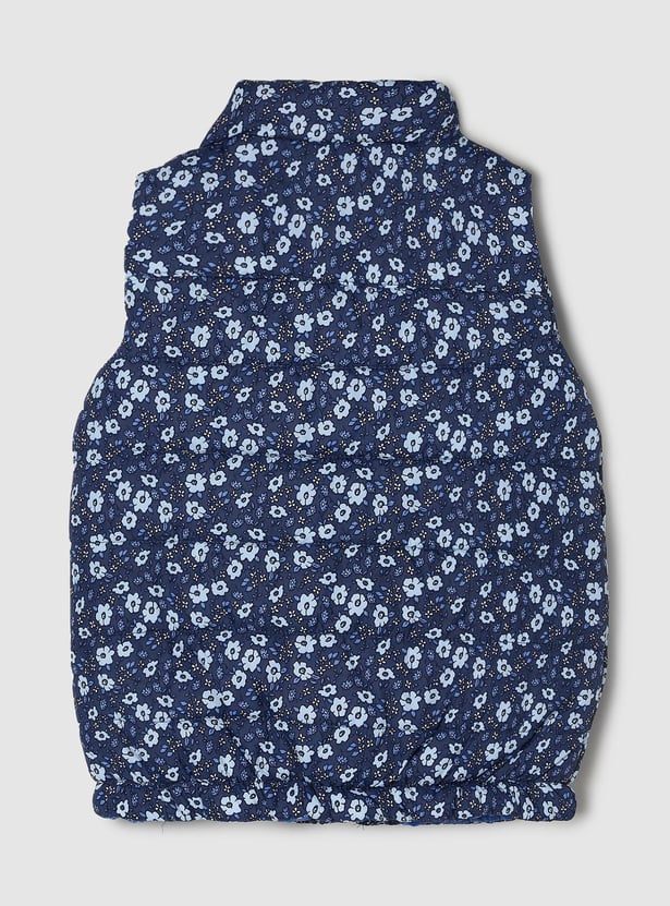 Girls Floral Printed Zip Closure Sleeveless Bomber Jacket