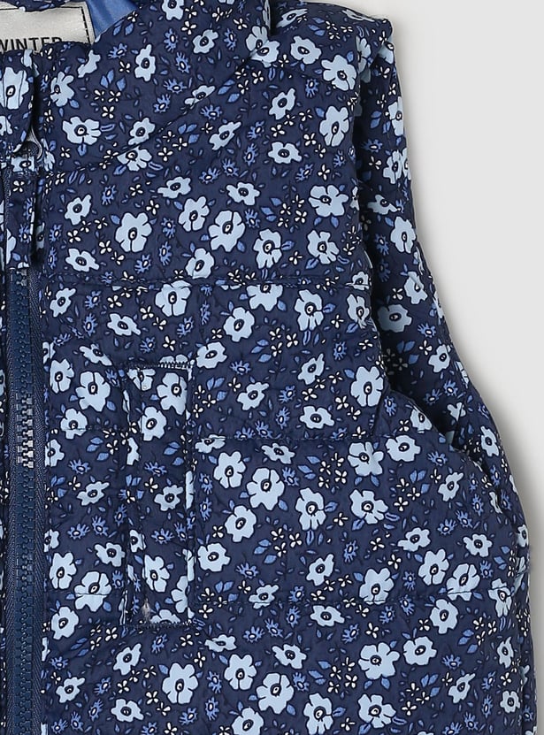 Girls Floral Printed Zip Closure Sleeveless Bomber Jacket