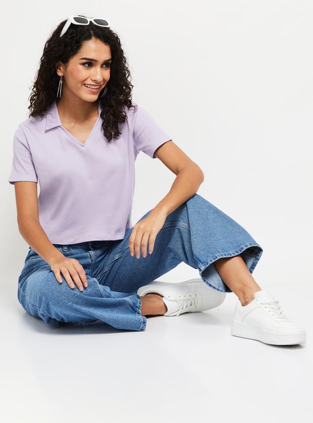 Women Solid Cropped Polo Top