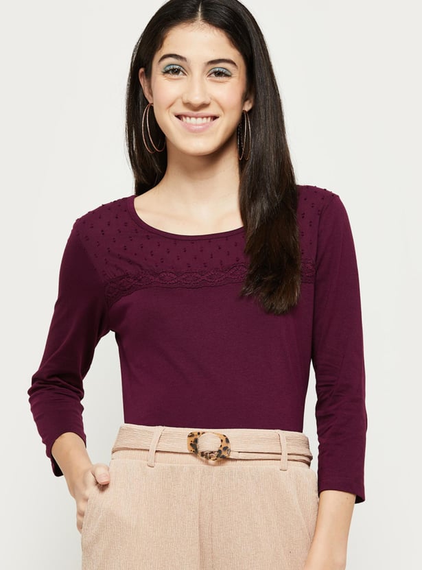 Women Embroidered Three-Quarter Sleeve T-shirt