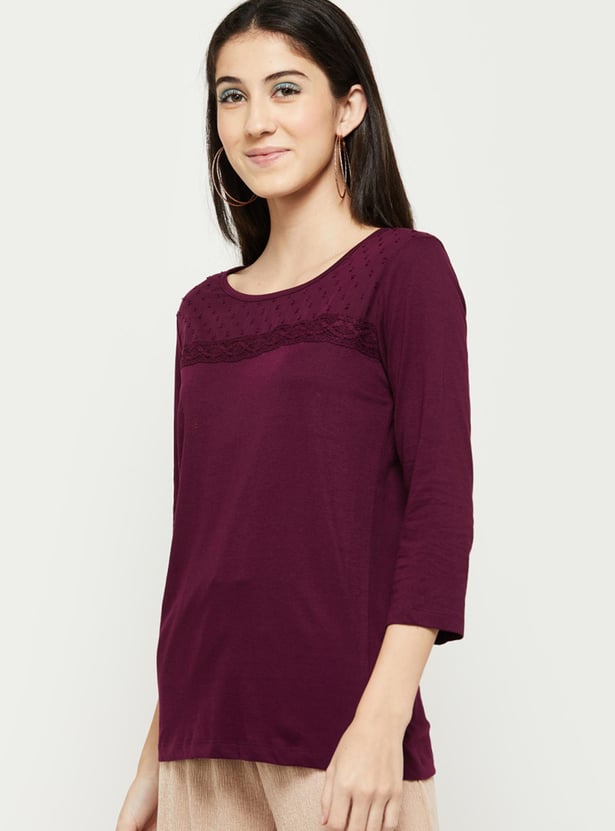 Women Embroidered Three-Quarter Sleeve T-shirt