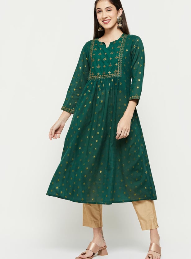 Women Embroidered Notch Neck A-Line Kurta