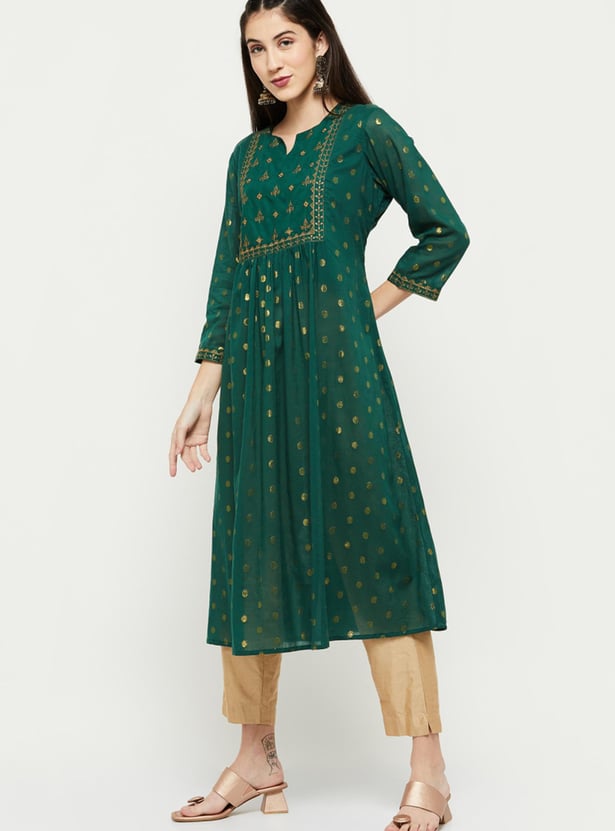 Women Embroidered Notch Neck A-Line Kurta