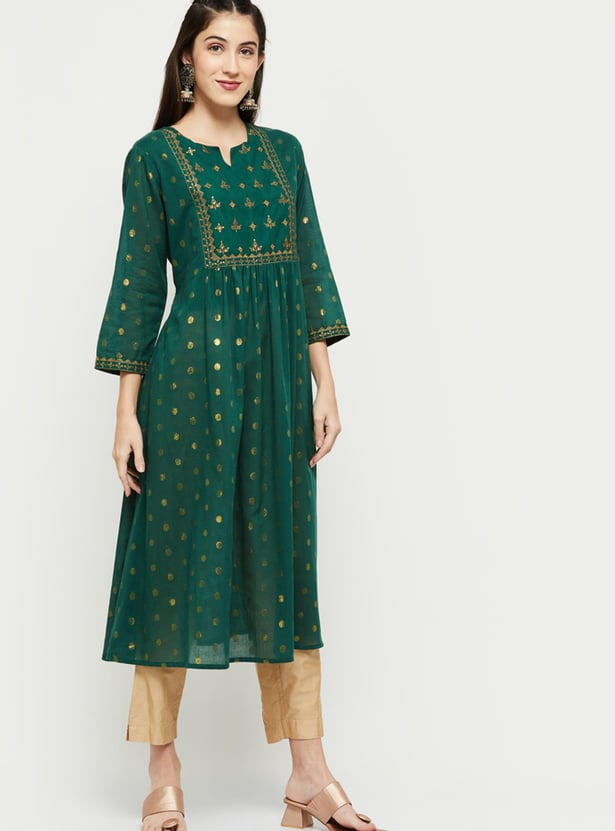 Women Embroidered Notch Neck A-Line Kurta