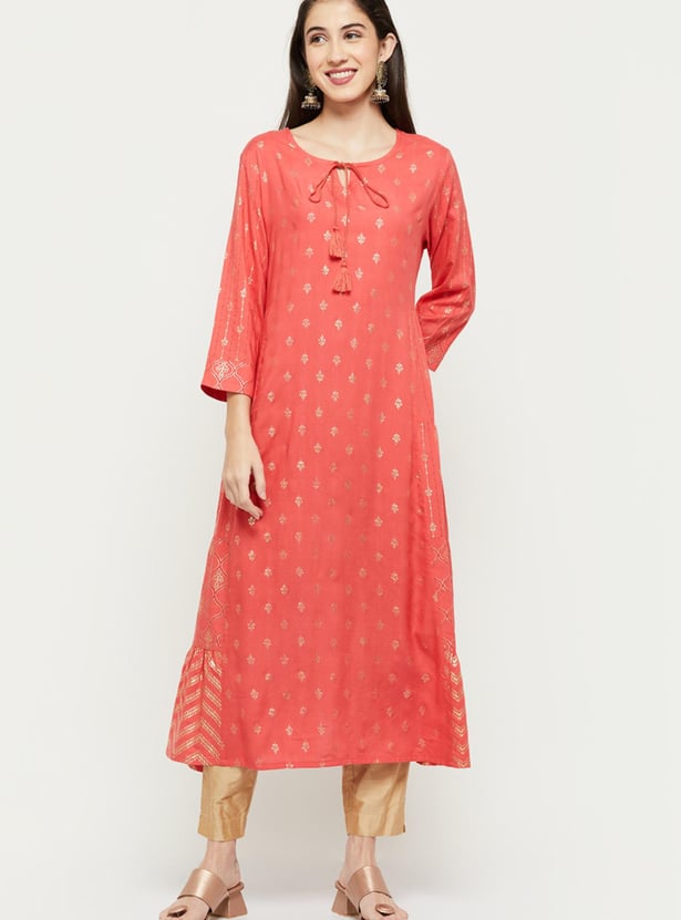 Women Printed Tie-Up Neck A-Line Kurta