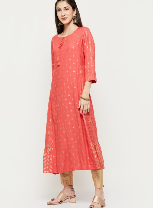 Women Printed Tie-Up Neck A-Line Kurta