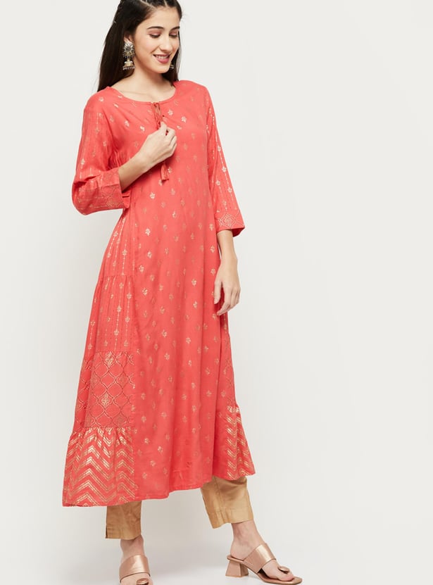 Women Printed Tie-Up Neck A-Line Kurta