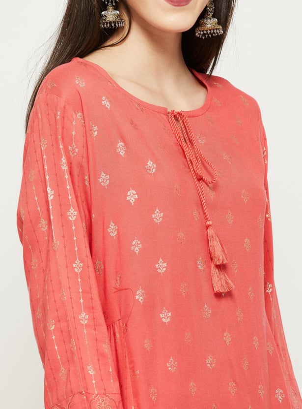 Women Printed Tie-Up Neck A-Line Kurta