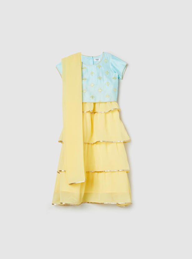 Girls Embroidered Blouse with Layered Lehenga and Dupatta