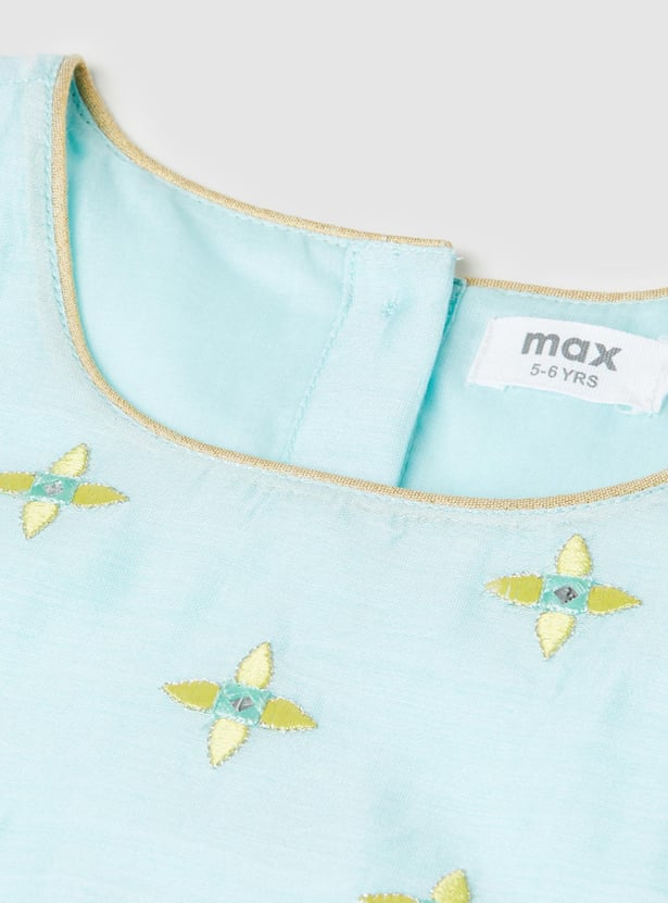 Girls Embroidered Blouse with Layered Lehenga and Dupatta