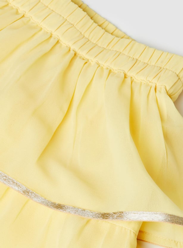 Girls Embroidered Blouse with Layered Lehenga and Dupatta