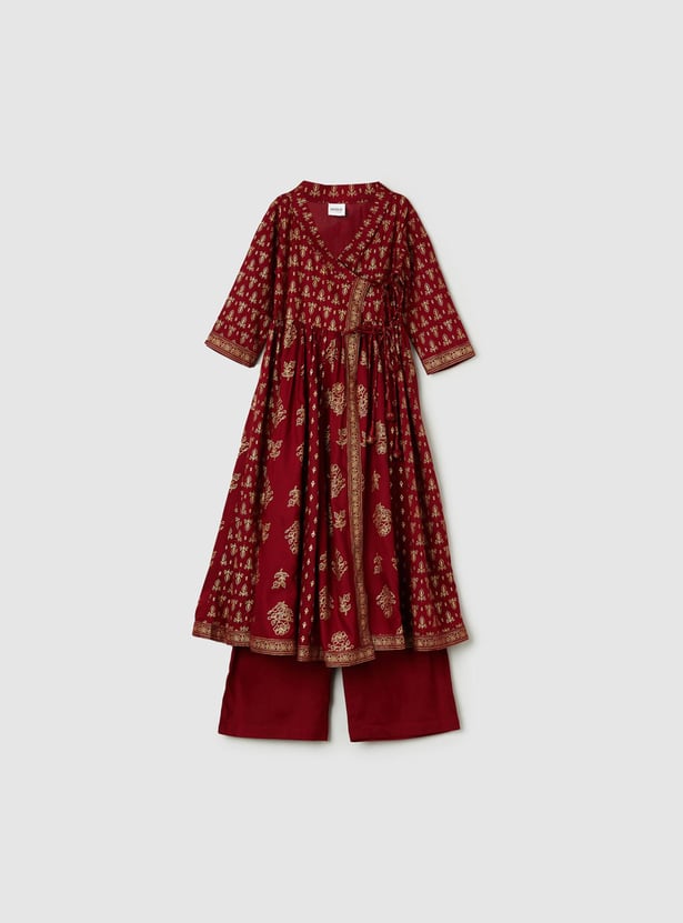 Girls Printed Angrakha Kurta with Solid Palazzos