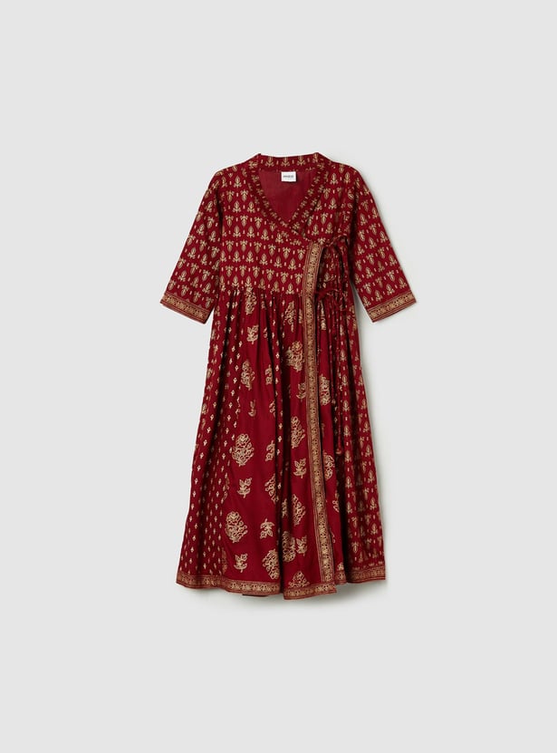 Girls Printed Angrakha Kurta with Solid Palazzos