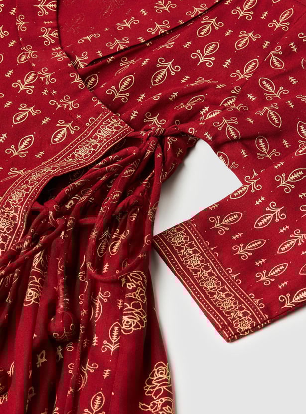 Girls Printed Angrakha Kurta with Solid Palazzos