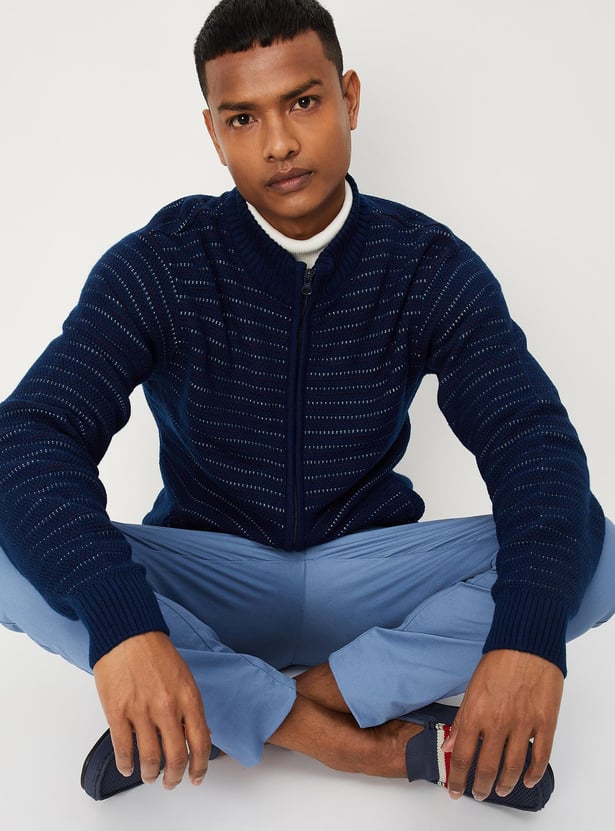 Men Textured Knit Zip Sweater