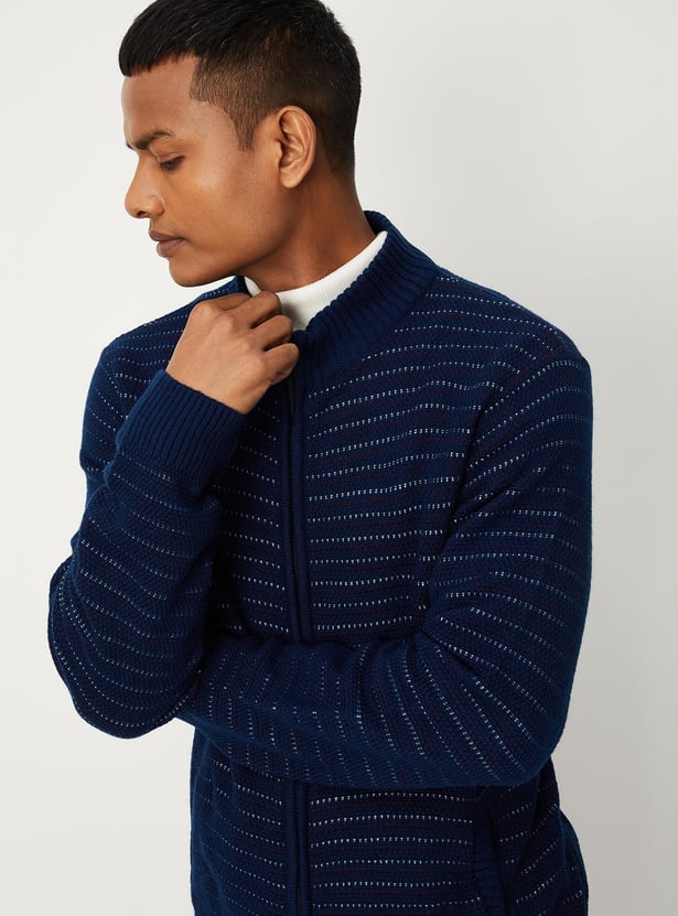 Men Textured Knit Zip Sweater