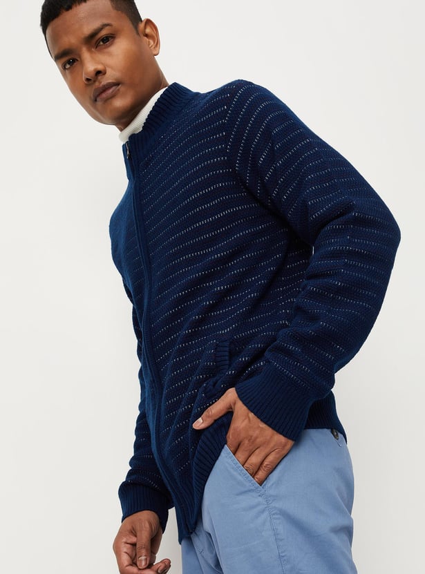 Men Textured Knit Zip Sweater