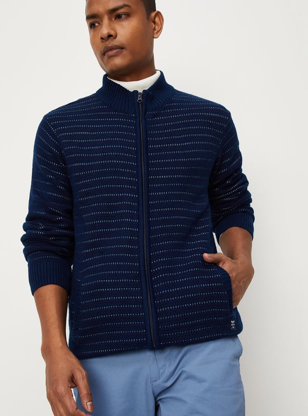 Men Textured Knit Zip Sweater