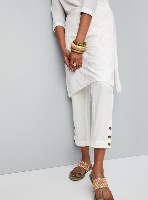 Women Buttoned Hem Casual Straight Pants