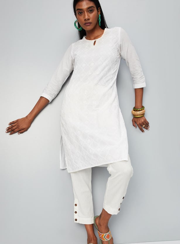 Women Buttoned Hem Casual Straight Pants