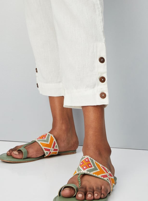 Women Buttoned Hem Casual Straight Pants