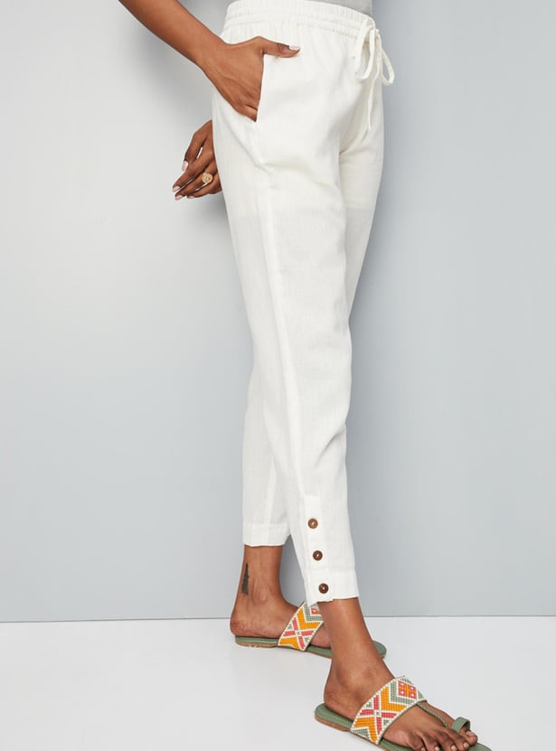 Women Buttoned Hem Casual Straight Pants