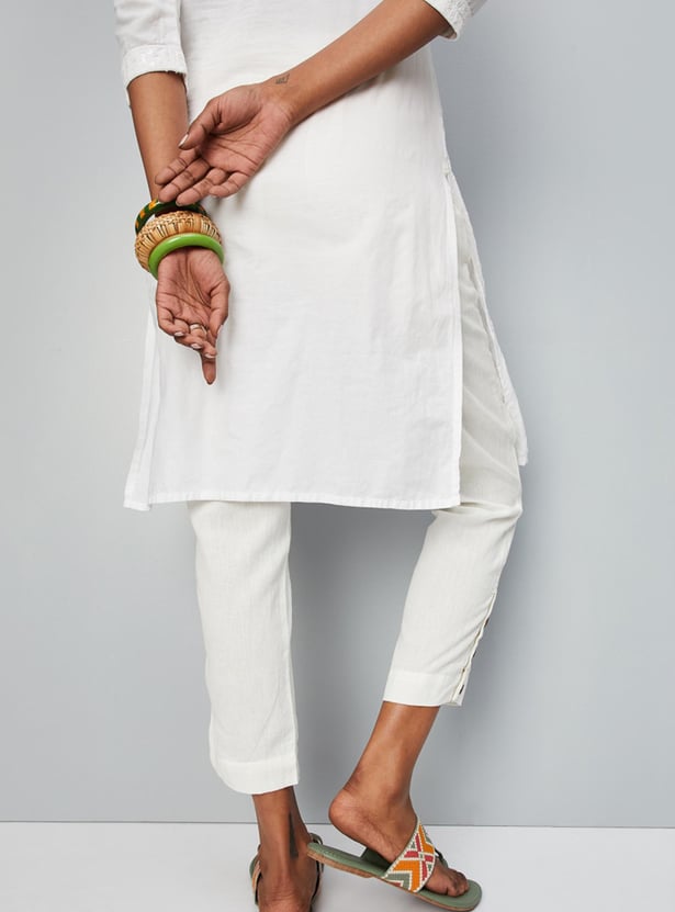 Women Buttoned Hem Casual Straight Pants