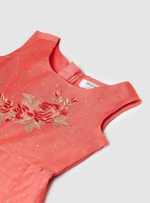Girls Embroidered Round Neck A-Line Dress