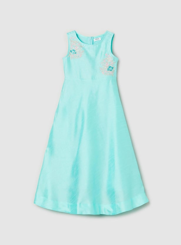 Girls Embroidered Round Neck A-Line Dress 