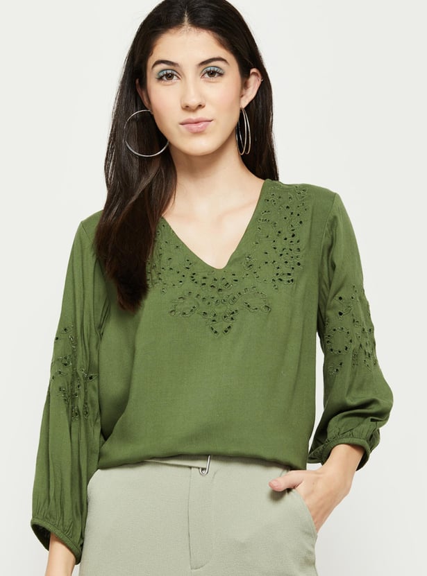 Women Schiffli Embroidered V-Neck Casual Top