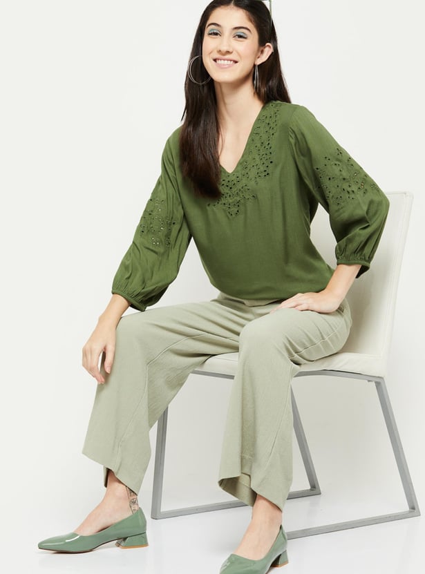 Women Schiffli Embroidered V-Neck Casual Top