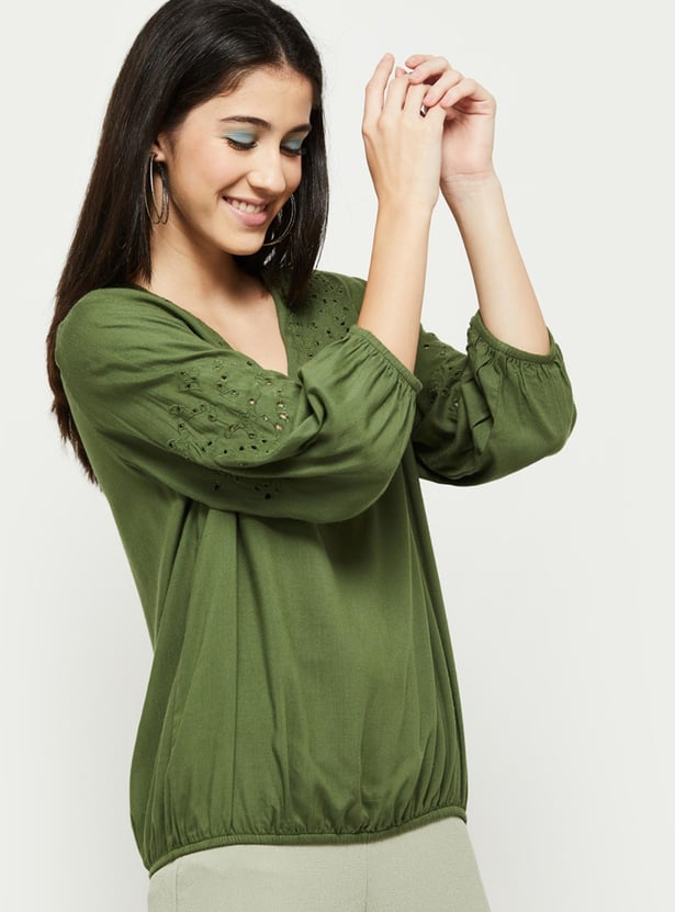 Women Schiffli Embroidered V-Neck Casual Top