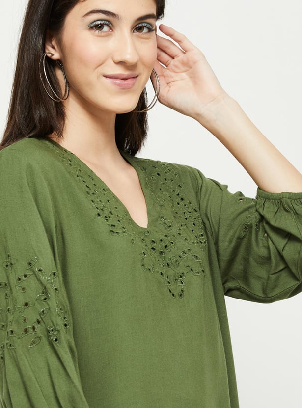 Women Schiffli Embroidered V-Neck Casual Top