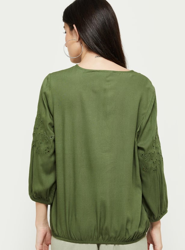 Women Schiffli Embroidered V-Neck Casual Top