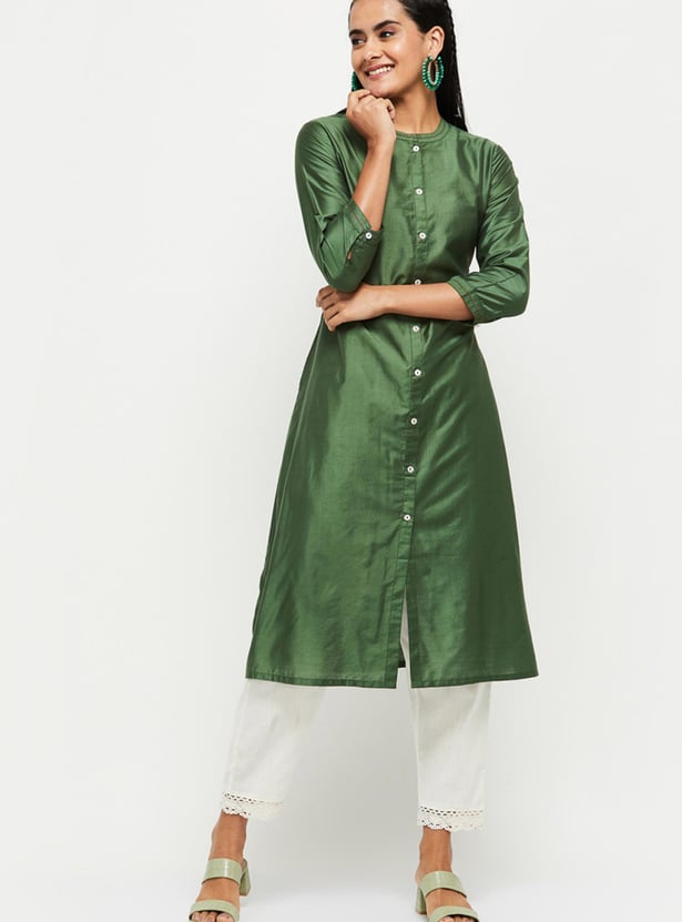 Women Solid Band Collar A-Line Kurta