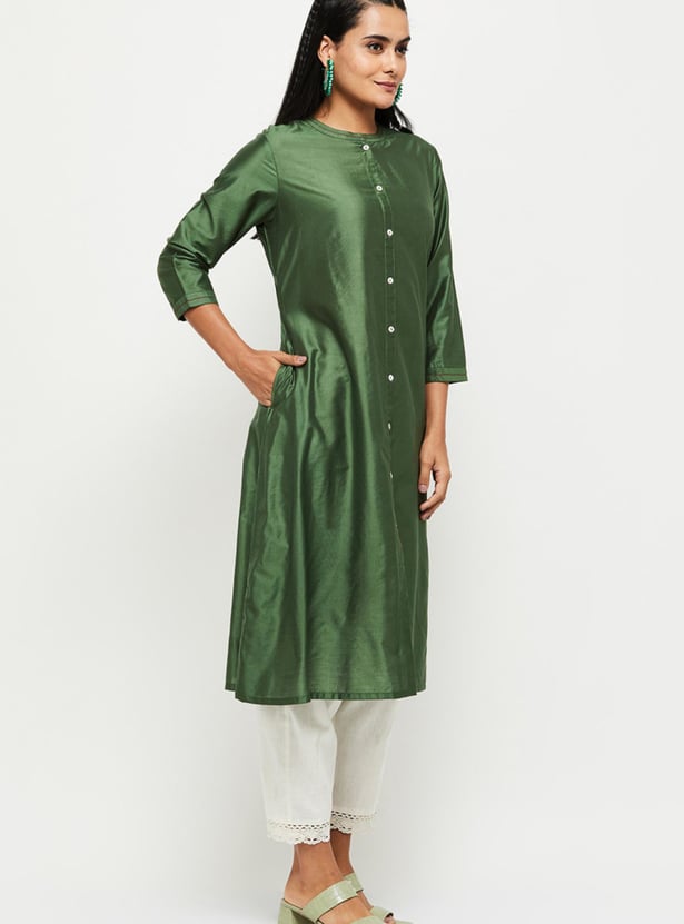 Women Solid Band Collar A-Line Kurta