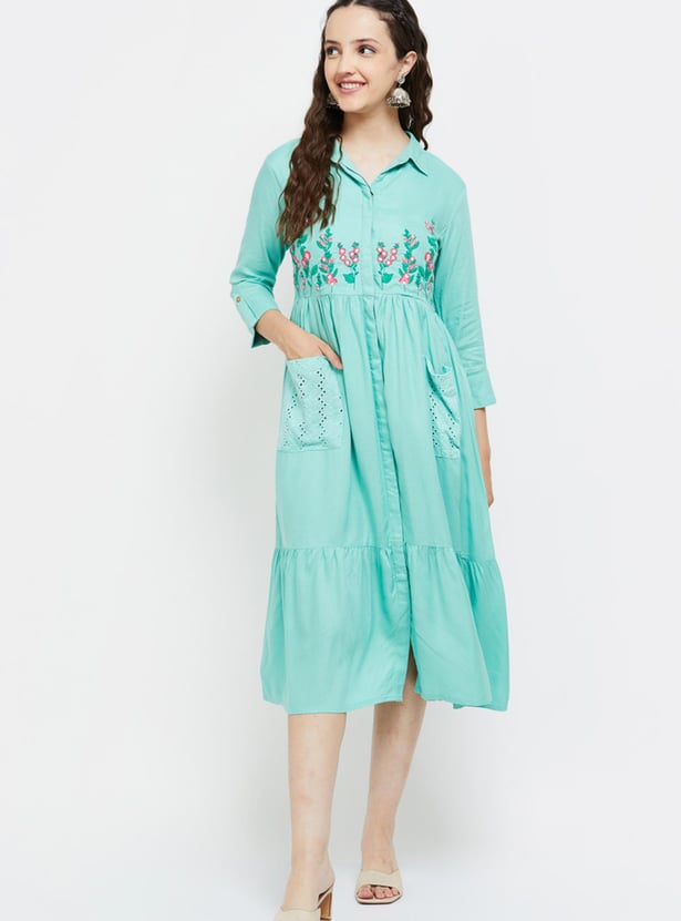 Women Floral Embroidered Ethnic Midi Dress