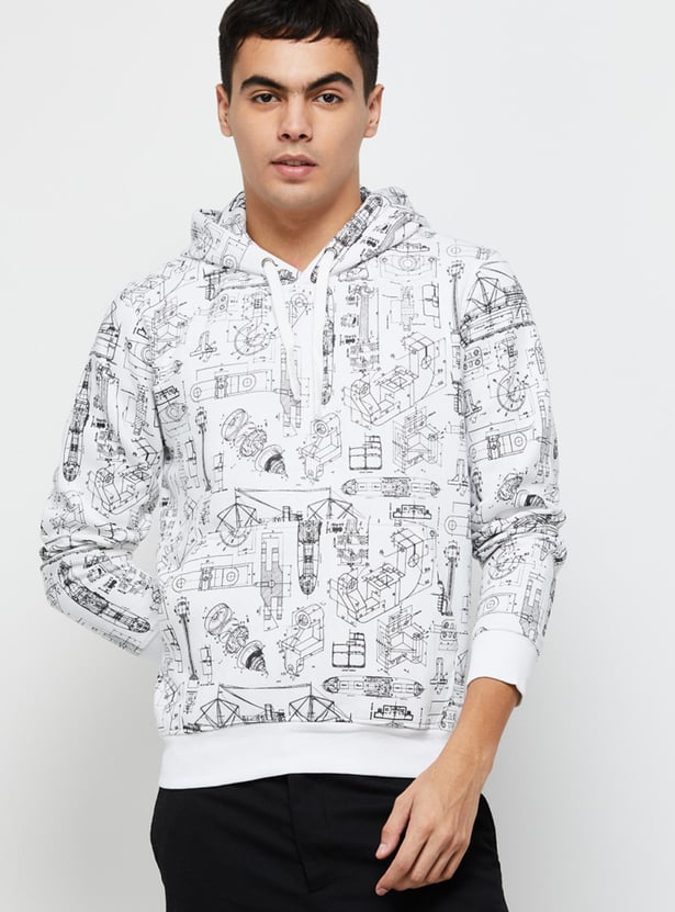 Men Printed Slim Fit Hooded Pullover Sweatshirt