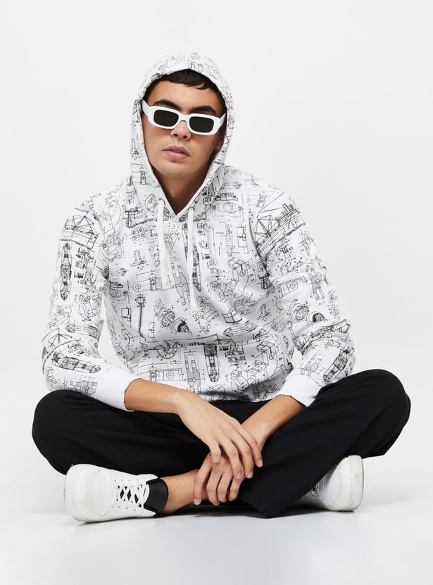 Men Printed Slim Fit Hooded Pullover Sweatshirt