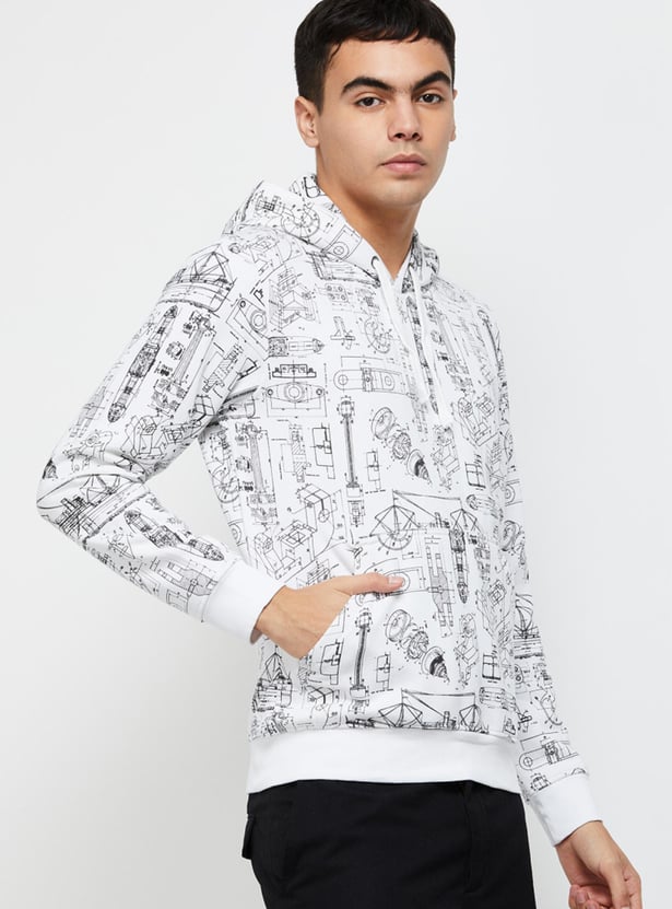 Men Printed Slim Fit Hooded Pullover Sweatshirt