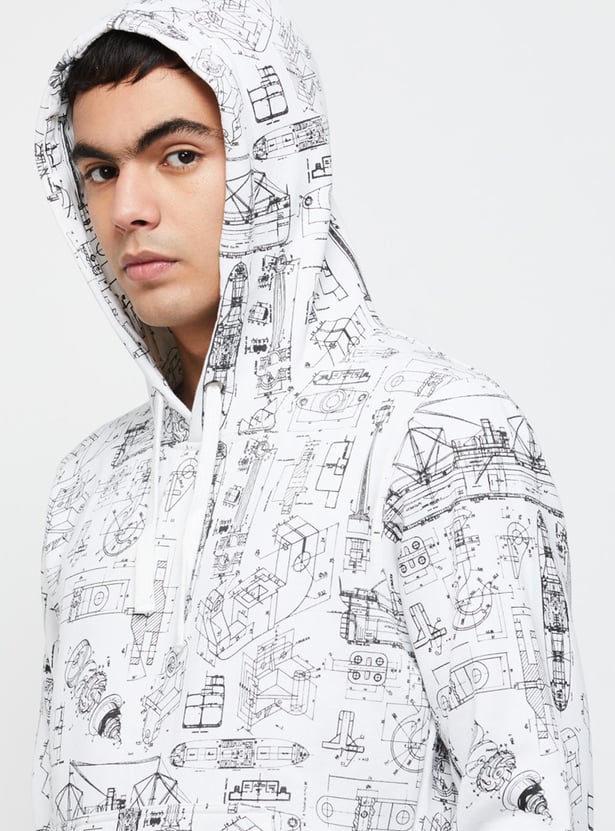Men Printed Slim Fit Hooded Pullover Sweatshirt