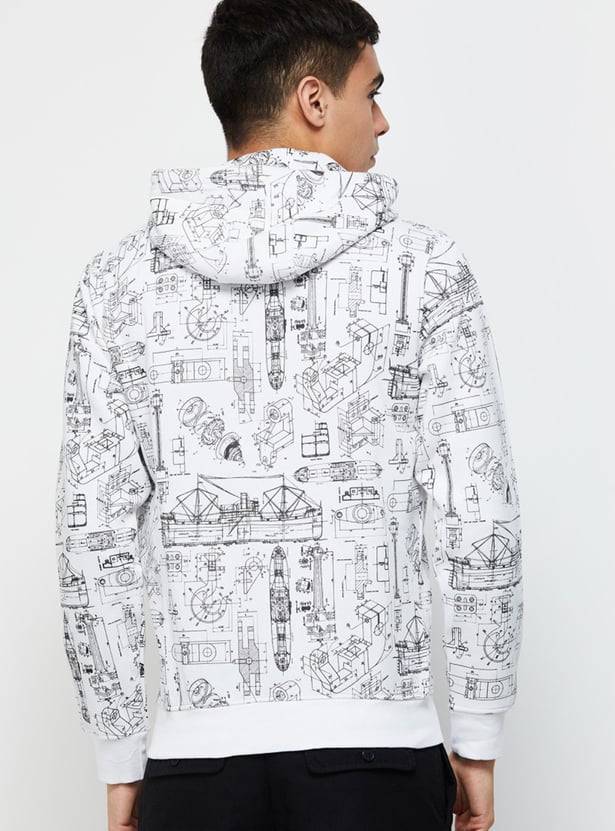 Men Printed Slim Fit Hooded Pullover Sweatshirt