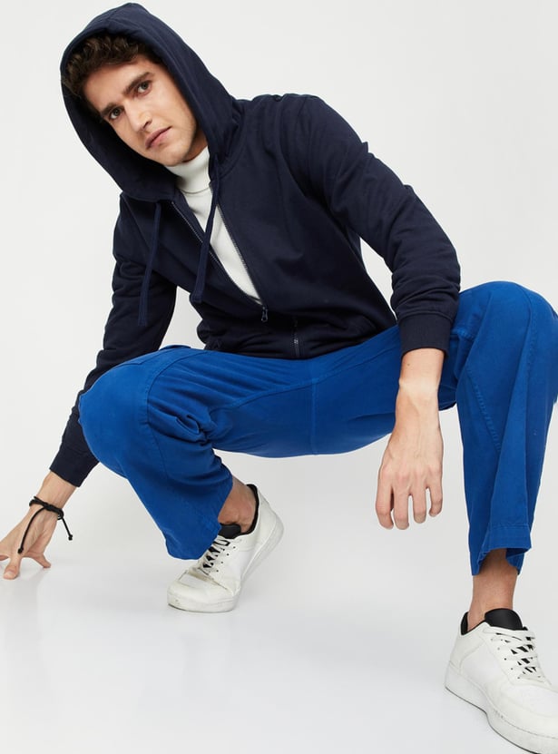 Men Solid Hooded Zip-Up Sweatshirt